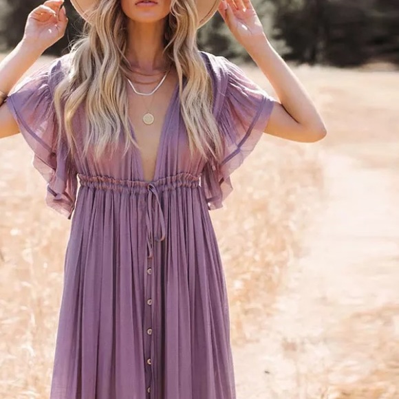 SOLD OUT Lavender Gauze Boho Button Maxi Dress - Picture 4 of 6